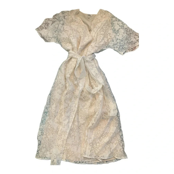 Unique Vintage Cream Pattern Wrap Midi Dress - Picture 5 of 8